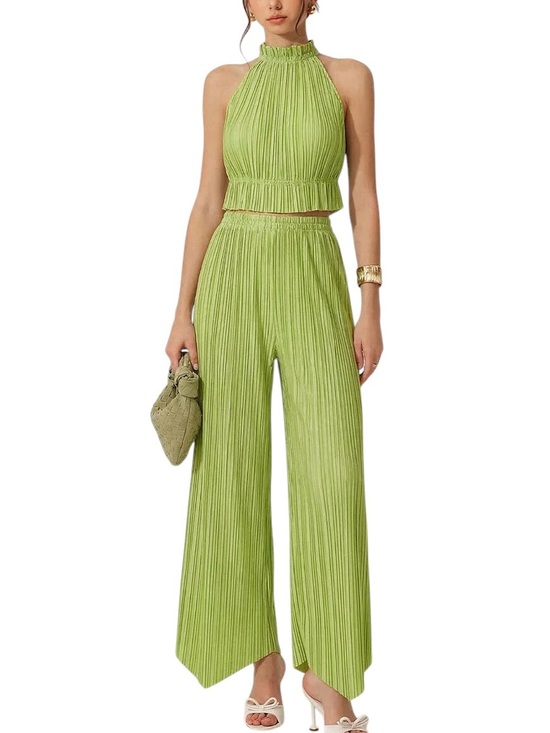 Commense Pants - Commense Set Lime Green Pleated Crop Top & Pants Medium NWT Chartreuse